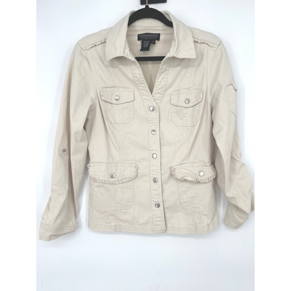 Live A Little Utility Jacket Women M Beige Safari Ruffle Pocket Y2K Military